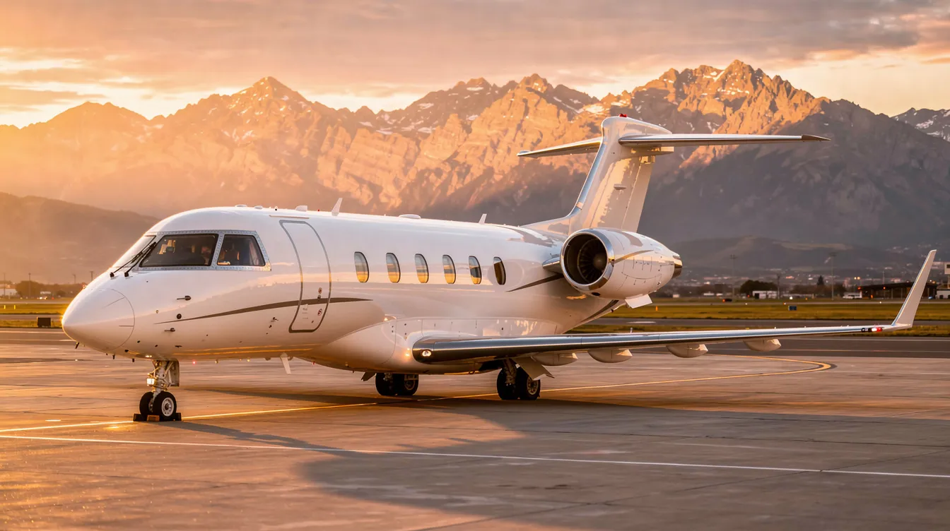A sleek white business jet is parked on a sunlit airport ramp during golden hour, with majestic mountains in the background. This luxurious private plane represents the ultimate in comfort and flexibility for travelers seeking on-demand access to the skies.