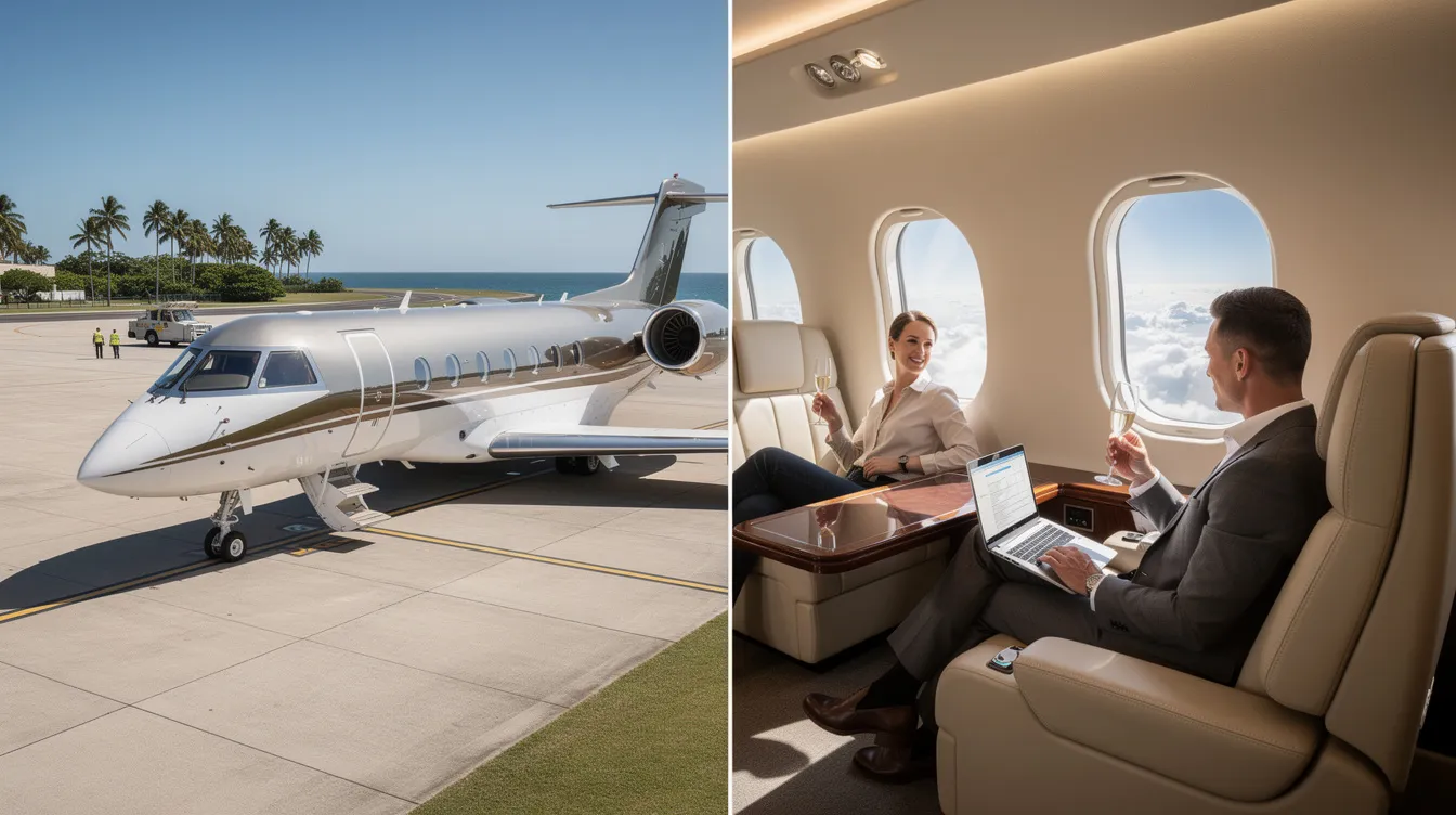 The image showcases a sleek private jet designed for business travel, highlighting its efficient structural design and spacious interior intended for fewer passengers. This aircraft represents a category of general aviation, emphasizing convenience and comfort for travelers.
