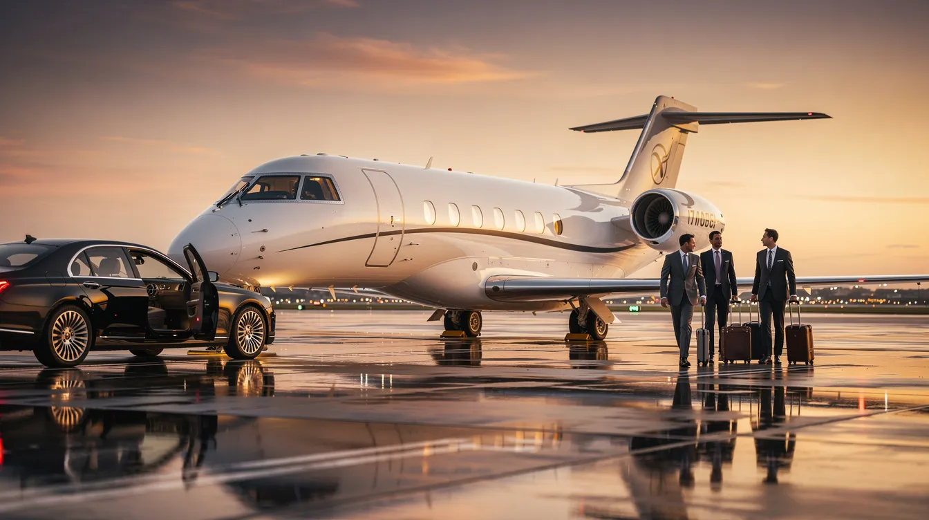 The image showcases a sleek private jet designed for business travel, highlighting its efficient structural design and spacious interior intended for fewer passengers. This aircraft represents a category of general aviation, emphasizing convenience and comfort for travelers.