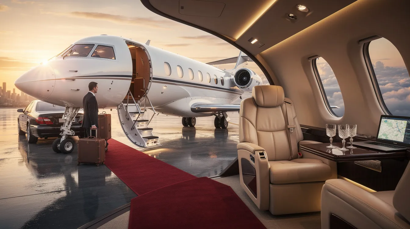 The image showcases a sleek private jet designed for business travel, highlighting its efficient structural design and spacious interior intended for fewer passengers. This aircraft represents a category of general aviation, emphasizing convenience and comfort for travelers.