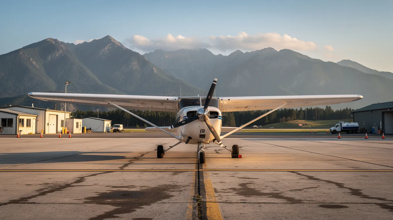 A small single-engine piston aircraft, resembling a Piper Cherokee or Cessna, is parked on a regional airport ramp with a stunning mountain backdrop. This light sport aircraft features a modern design that emphasizes fuel efficiency and advanced avionics, making it an ideal choice for new pilots and flight schools.