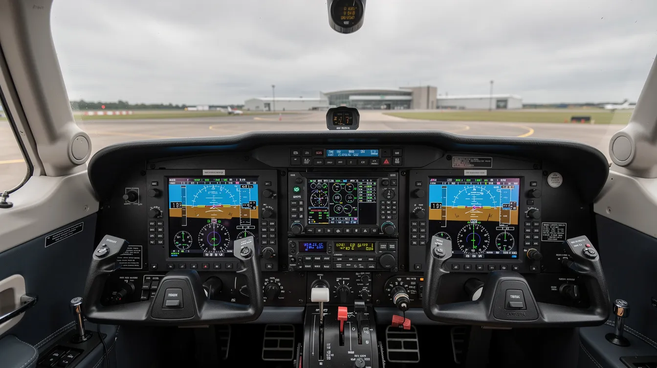 The image features a glass cockpit equipped with advanced avionics displays inside a modern single engine aircraft, showcasing cutting-edge technology designed for high performance and fuel efficiency. This spacious cabin is ideal for new pilots and flight schools, emphasizing the aircraft's capability for longer flights and a safe flying experience.