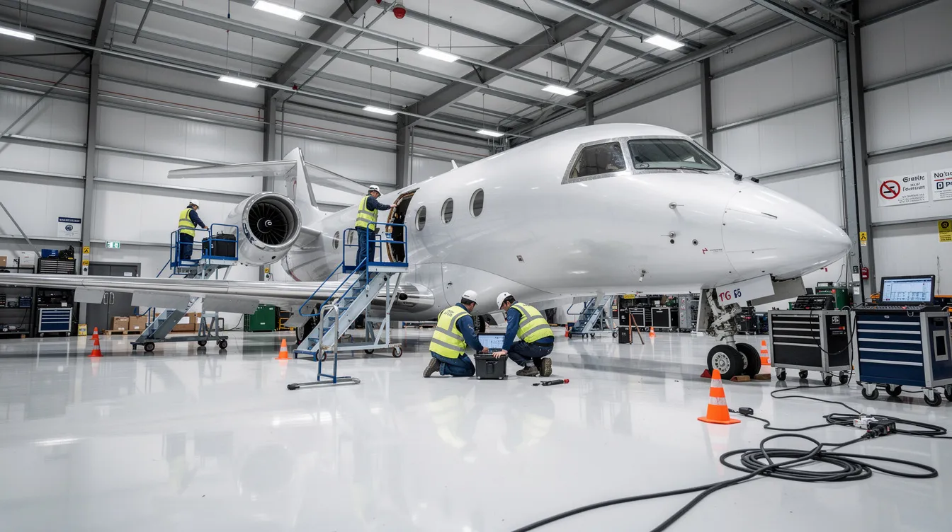 Inside a well-lit hangar, a private jet is surrounded by certified technicians who are diligently performing maintenance work on its engines and landing gear, ensuring the aircraft remains in optimal condition for safe and efficient flights. This scene highlights the importance of routine inspections and regular private jet maintenance to uphold safety standards and operational efficiency.