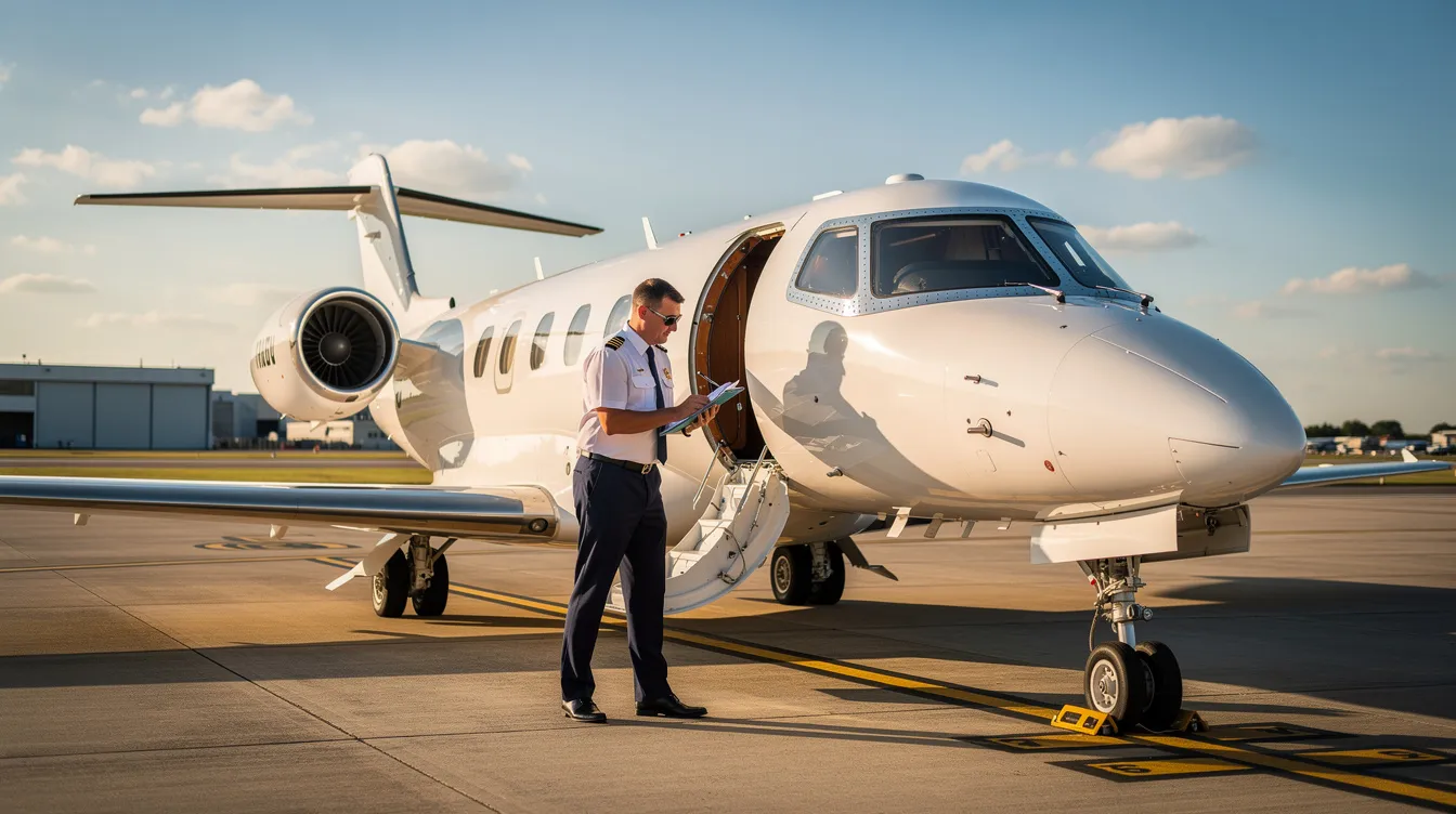 A pilot is conducting a preflight walk-around inspection of a small white private jet on a sunny tarmac, ensuring that the aircraft is in optimal condition for safe flight. This routine inspection is a vital part of private jet maintenance, helping to identify any potential issues before takeoff.