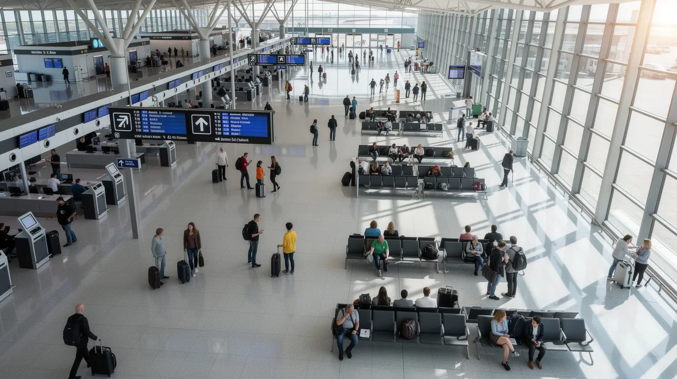 An overhead view of a bustling airport terminal shows numerous passengers navigating between gates, with various airline logos visible, including JetBlue Airways. The scene captures the dynamic atmosphere of travelers, some checking their itineraries while others wait in line for assistance at the JetBlue call center.
