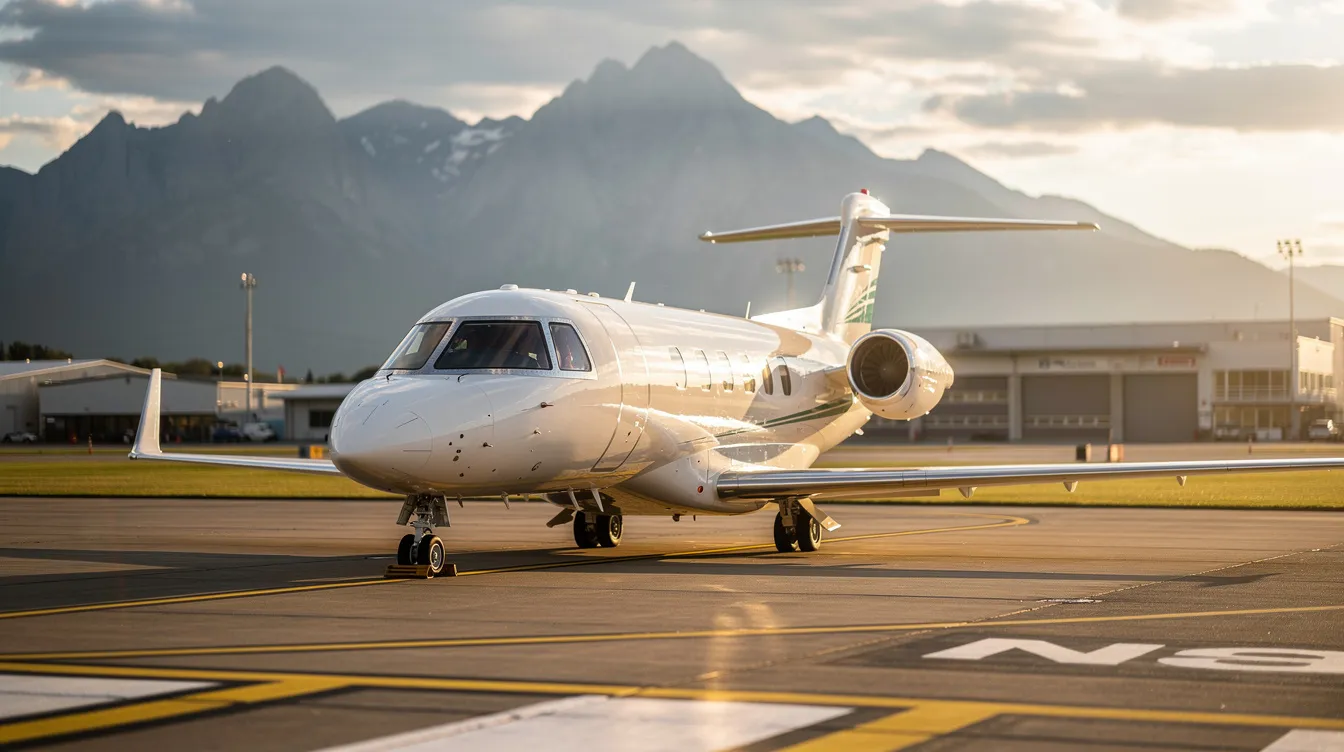 A small private jet is parked on the tarmac of a regional airport, with majestic mountains rising in the background. The scene captures the serene atmosphere of travel, ideal for passengers looking to explore destinations like South America or Europe.