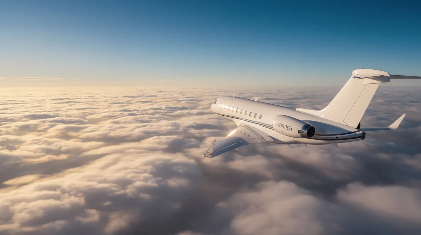 A sleek business jet soars above a thick layer of clouds, illuminated by sunlight reflecting off its fuselage. This aircraft, designed for efficient flight, showcases its fuel management capabilities, maximizing range while cruising at high altitude.