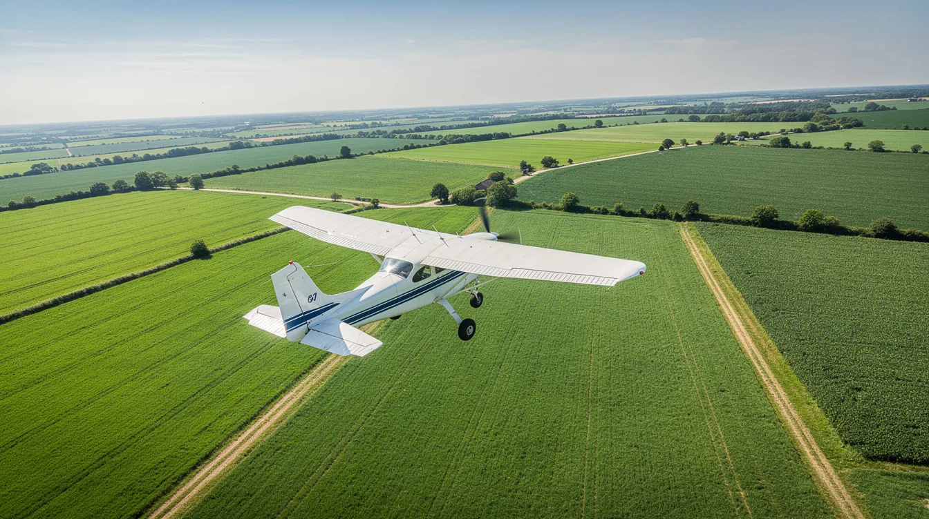 A small single-engine Cessna aircraft, specifically a Cessna 172, is flying gracefully over lush green farmland under clear blue skies, showcasing its efficient flight capabilities and fuel management. The aircraft's spacious cabin and optimal cruise speed make it an ideal choice for student pilots and training flights.