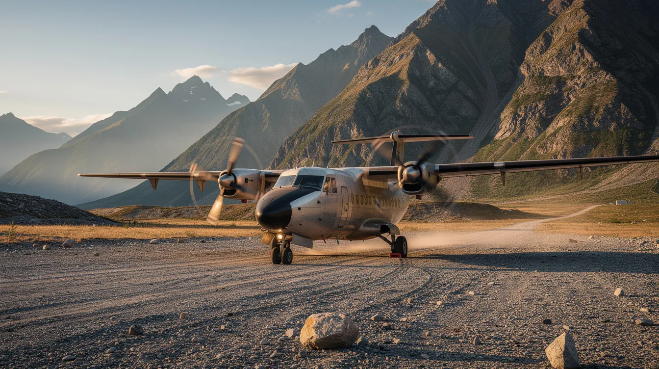 A turboprop aircraft is parked on a short gravel runway surrounded by mountainous terrain, showcasing its robust design ideal for efficient flight and maximizing range. The scene highlights the aircraft's spacious cabin and potential for effective flight planning, particularly for longer cross-country flights.