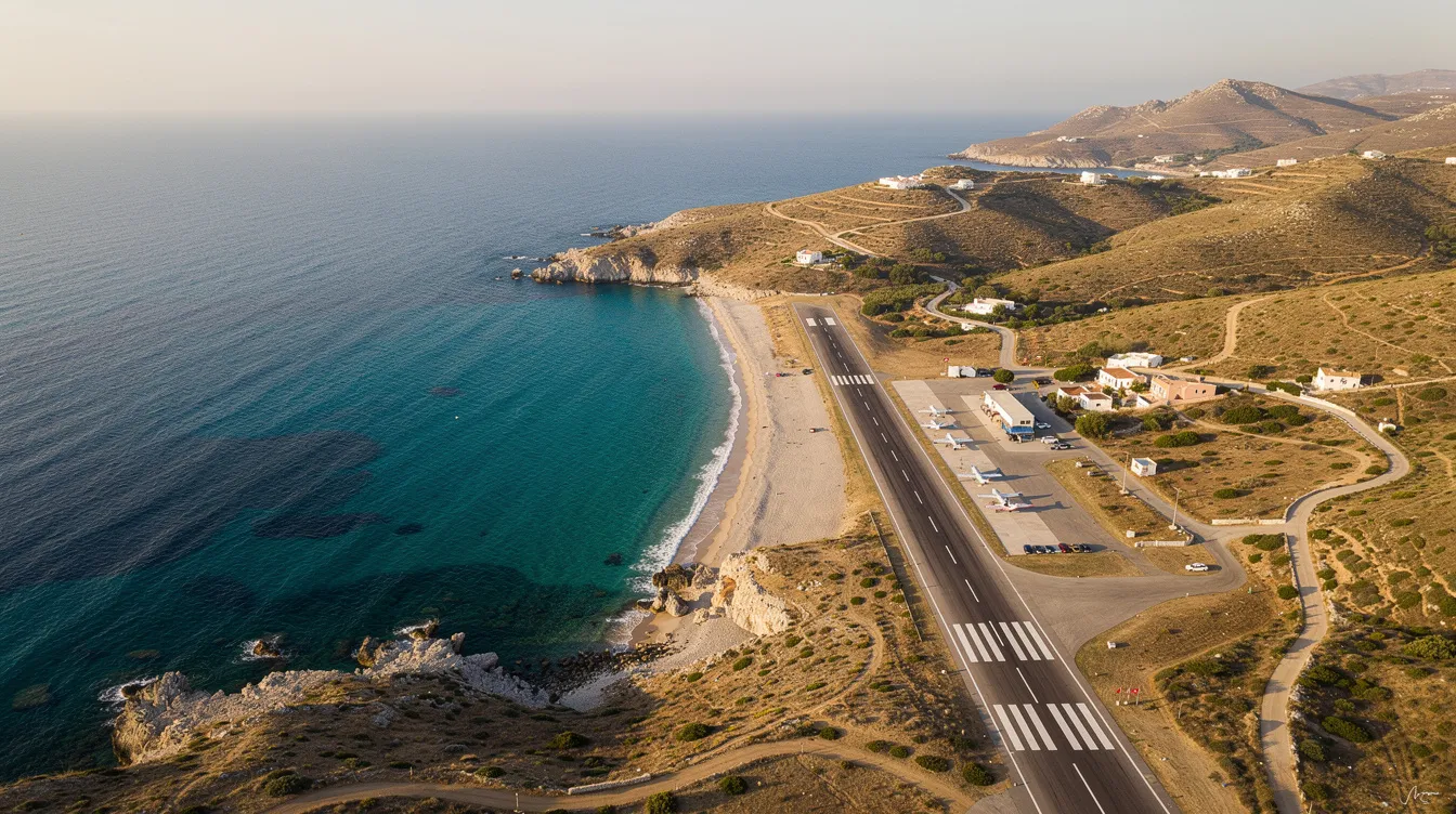 An aerial view captures the stunning Mediterranean coastline, with a small airport runway situated close to the shore, ideal for private jet travelers looking to explore Italy's beautiful destinations like Sardinia or Rome. This scenic landscape highlights the perfect blend of air travel and natural beauty, inviting passengers to plan their next journey.