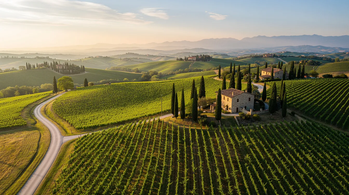 An aerial view of a lush green Tuscan vineyard landscape showcases neatly arranged rows of grapevines, with a winding road meandering through the fields. This picturesque scene captures the essence of Italy's beautiful countryside, perfect for travelers planning a trip to explore its rich culture and landscapes.
