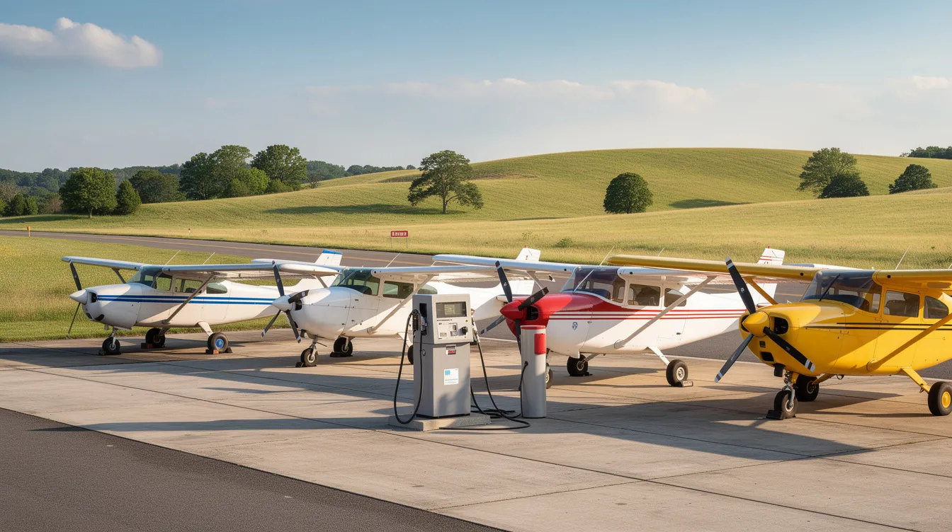 A lineup of several small aircraft is parked at a rural airport fuel station, with lush green hills in the background. The scene highlights the importance of fuel costs and efficiency for private jet travel, showcasing how fuel prices can impact operating costs for light jets.