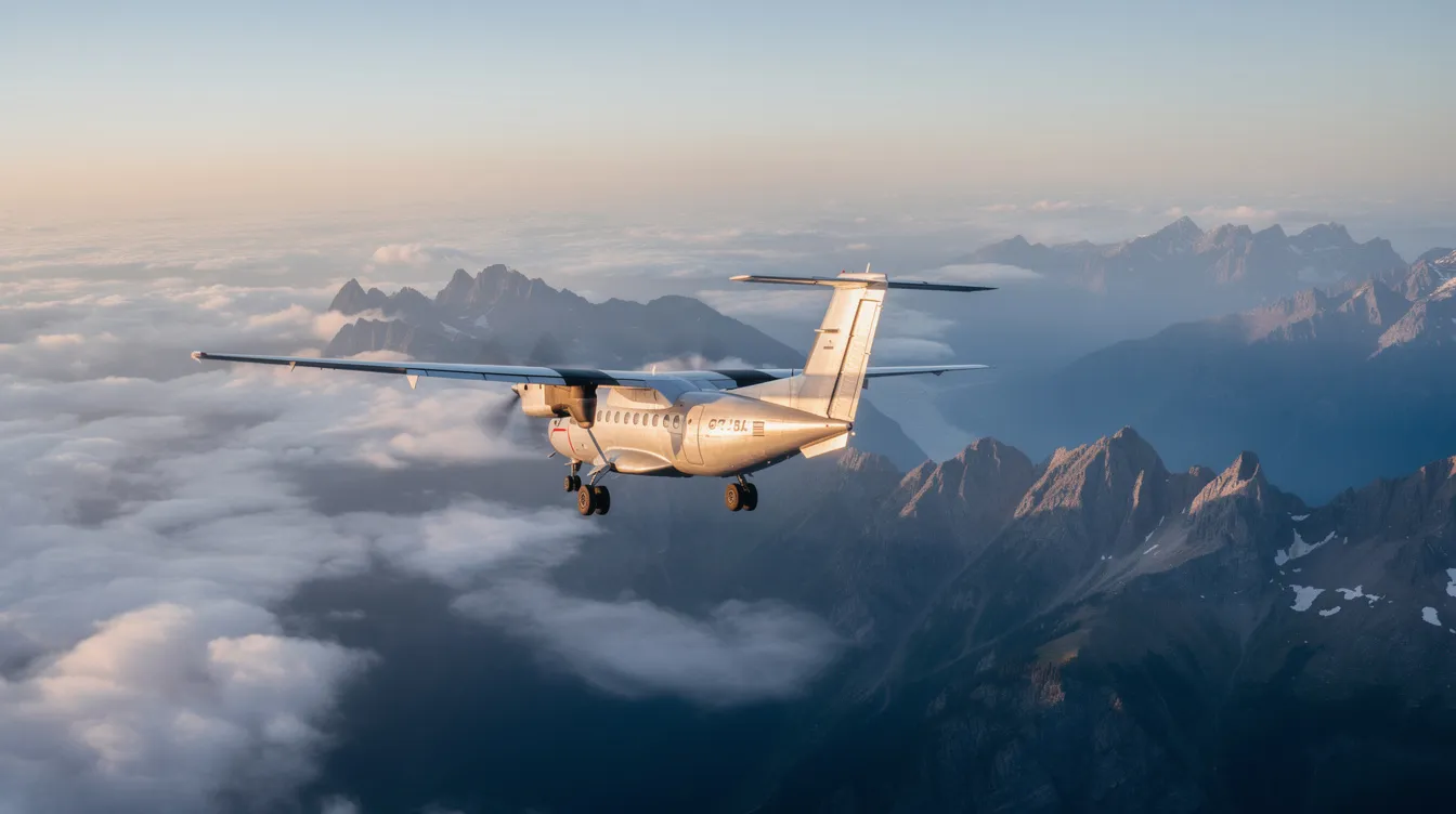 A turboprop aircraft is soaring over rugged mountainous terrain, with fluffy clouds drifting below it. This scene highlights the beauty of private jet travel while considering factors such as fuel costs and efficiency that impact operating expenses for such flights.