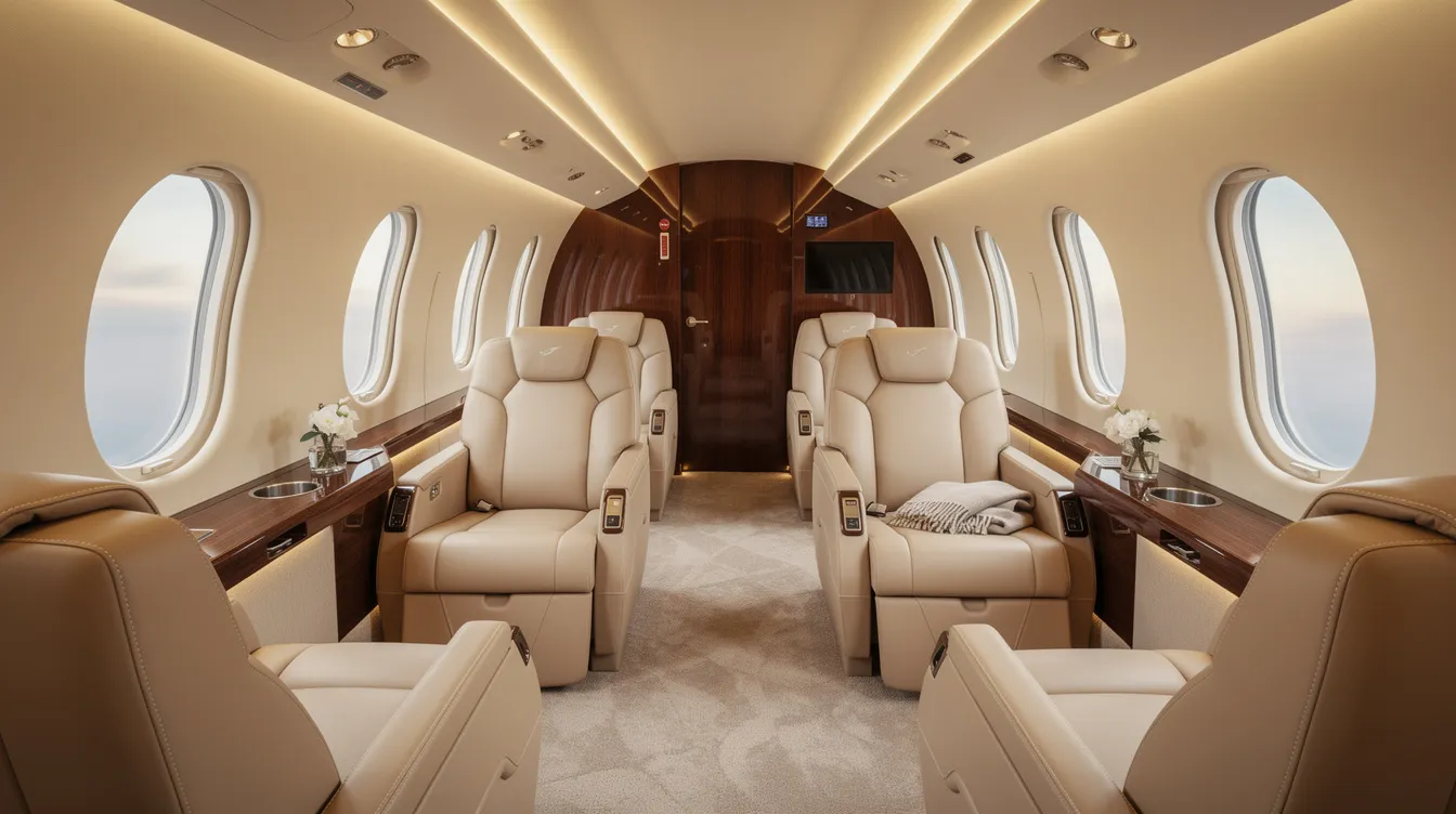 The image depicts a luxurious private jet cabin interior featuring wide leather seats, elegant wood paneling, and soft ambient lighting, designed to enhance passenger comfort and create a serene flying environment. This opulent setting contrasts with commercial aviation, such as the Boeing 737, which typically prioritizes higher passenger capacity and fuel efficiency.