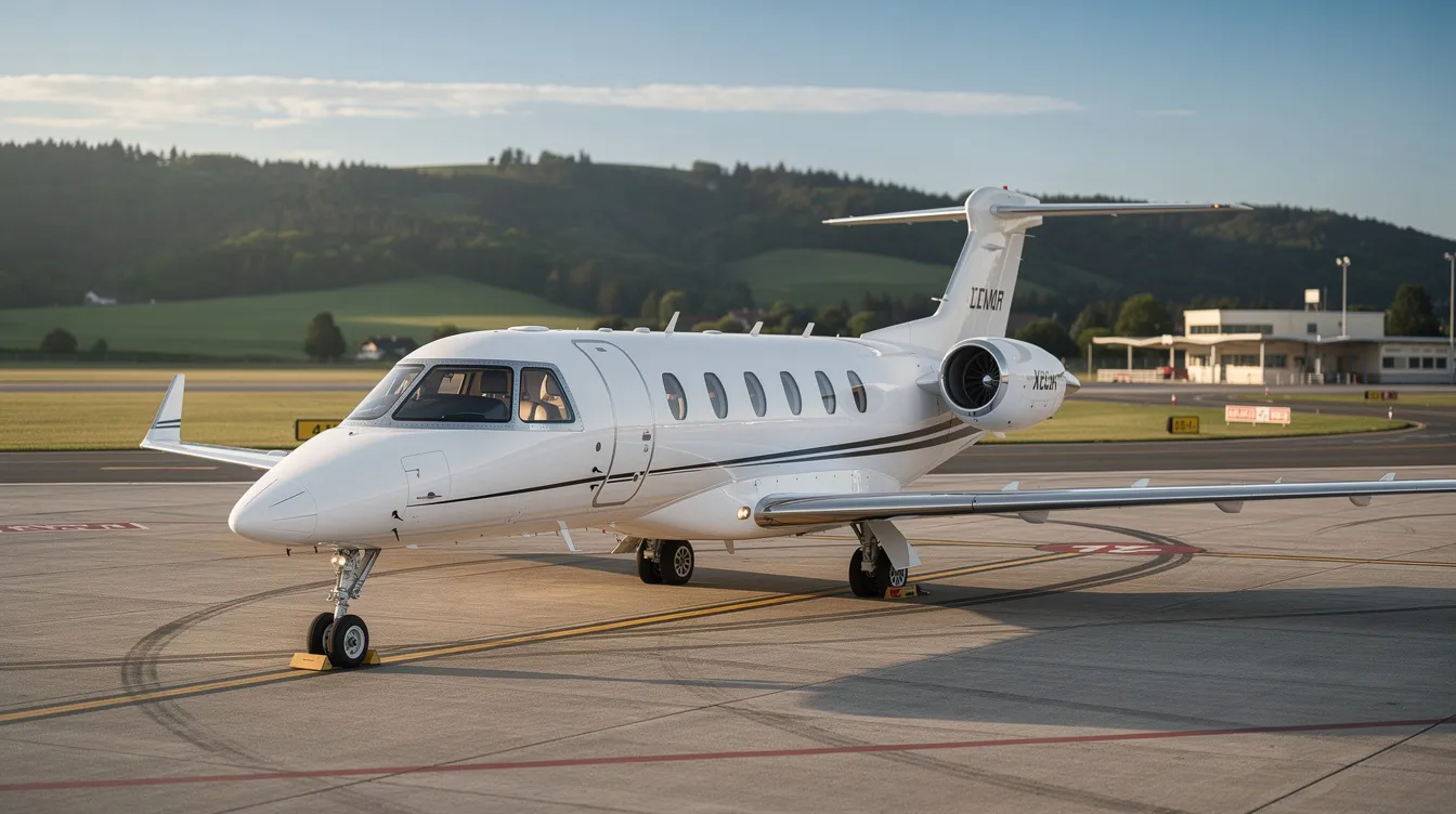 A small private jet is parked on the tarmac of a regional airport, surrounded by lush green hills in the background. This midsize private jet offers enhanced passenger comfort and is designed for efficient travel, contrasting with larger commercial aircraft like the Boeing 737.