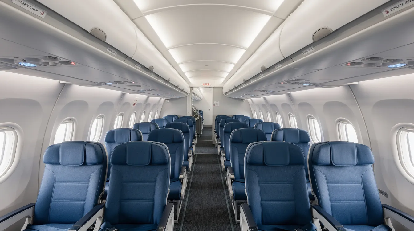 The image depicts the interior of a narrow-body aircraft cabin, showcasing rows of blue economy seats with overhead bins designed for storage, typical of a Boeing 737. This configuration highlights the efficient use of cabin space, catering to a high passenger capacity while ensuring comfort during medium haul routes.