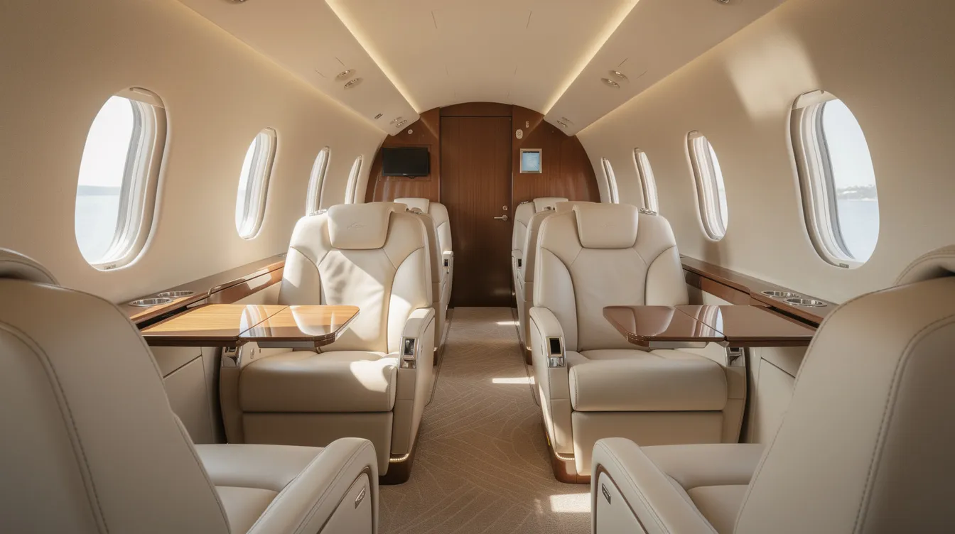 The image depicts the interior of a midsize private jet cabin, featuring elegant cream leather seats and ample natural light streaming in through oval windows, creating a luxurious atmosphere ideal for private charter flights. This inviting space exemplifies the comfort and sophistication of private aviation, perfect for travelers seeking a seamless travel experience.