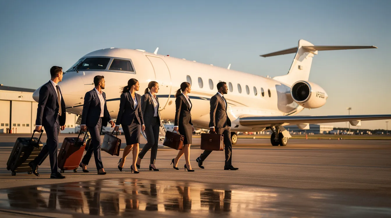 A group of business travelers in professional attire walks confidently toward a private jet on a sunny tarmac, ready for their journey. This scene highlights the convenience and luxury of private charter flights, offering a seamless travel experience for international travel.