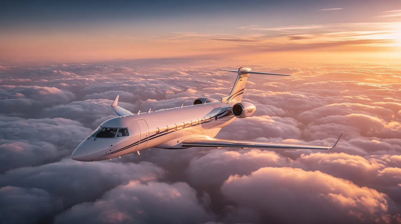 A sleek private jet soars above fluffy clouds during sunset, with golden light shimmering off its fuselage, embodying the luxury and innovation of business aviation. This stunning aircraft represents the world of private jet charters, offering an exclusive flight experience for its passengers.