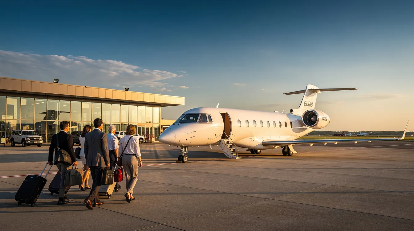 A group of passengers is walking towards a private jet at a small airport terminal under a clear blue sky, highlighting the convenience and efficiency of air charter flights for personal and business travel. This scene captures the essence of private aviation, offering travelers considerable flexibility and safe access to their desired destinations.