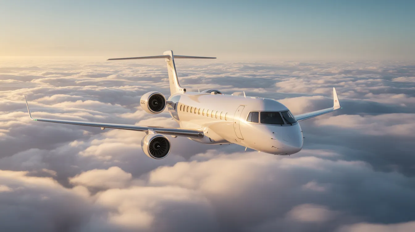 A large private jet soars above a blanket of clouds, with sunlight glinting off its sleek fuselage, symbolizing the luxury and efficiency of air charter flights for personal and business travel. This image highlights the convenience and flexibility offered by private aviation, allowing passengers to travel according to their own schedules.