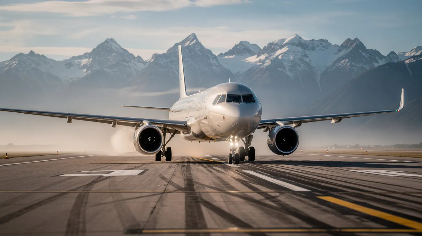 A narrow-body commercial jet, possibly part of the Delta Airlines fleet, is taxiing on a runway with majestic mountains in the background. The image captures the aircraft in motion, highlighting its sleek design against the natural landscape.