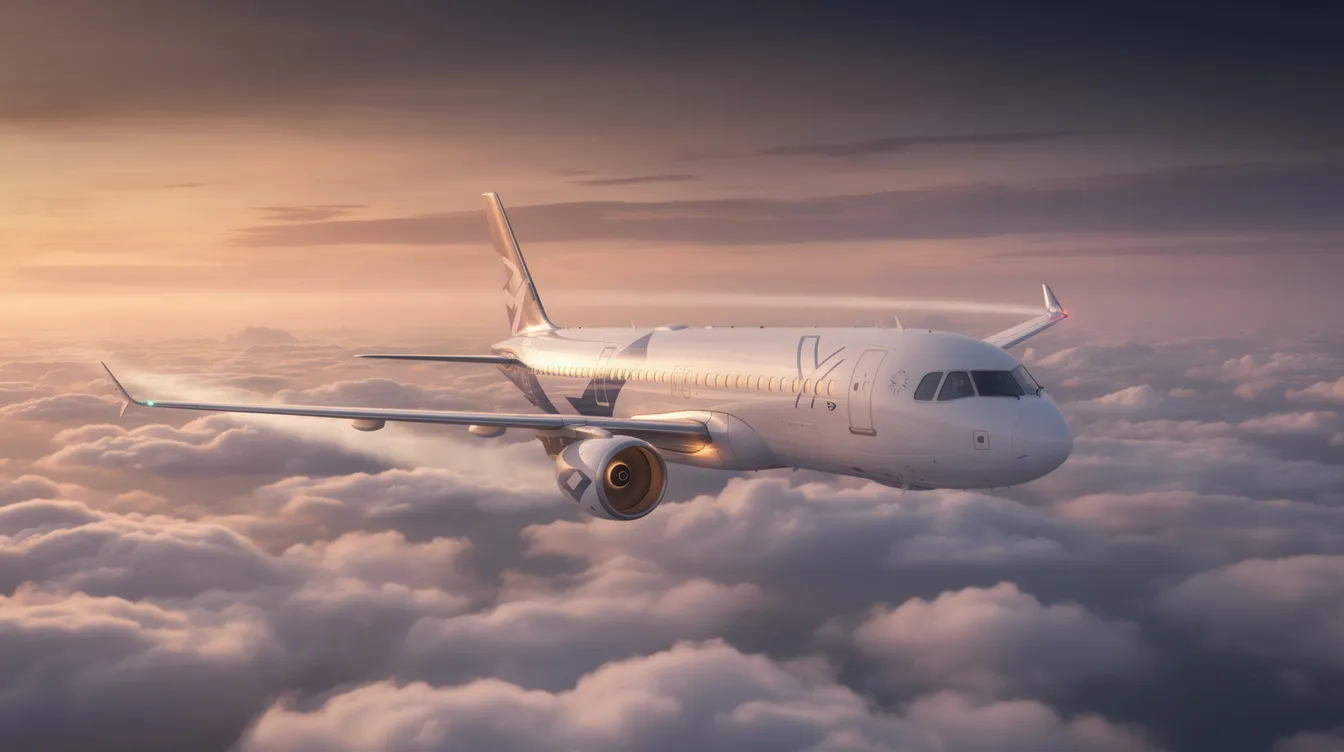 A modern twin-engine commercial jet, part of the Delta Airlines fleet, soars above a sea of clouds during a vibrant sunset, showcasing the sleek design and efficiency of contemporary airliners. The warm hues of the sunset reflect off the aircraft, creating a striking contrast against the blue sky.