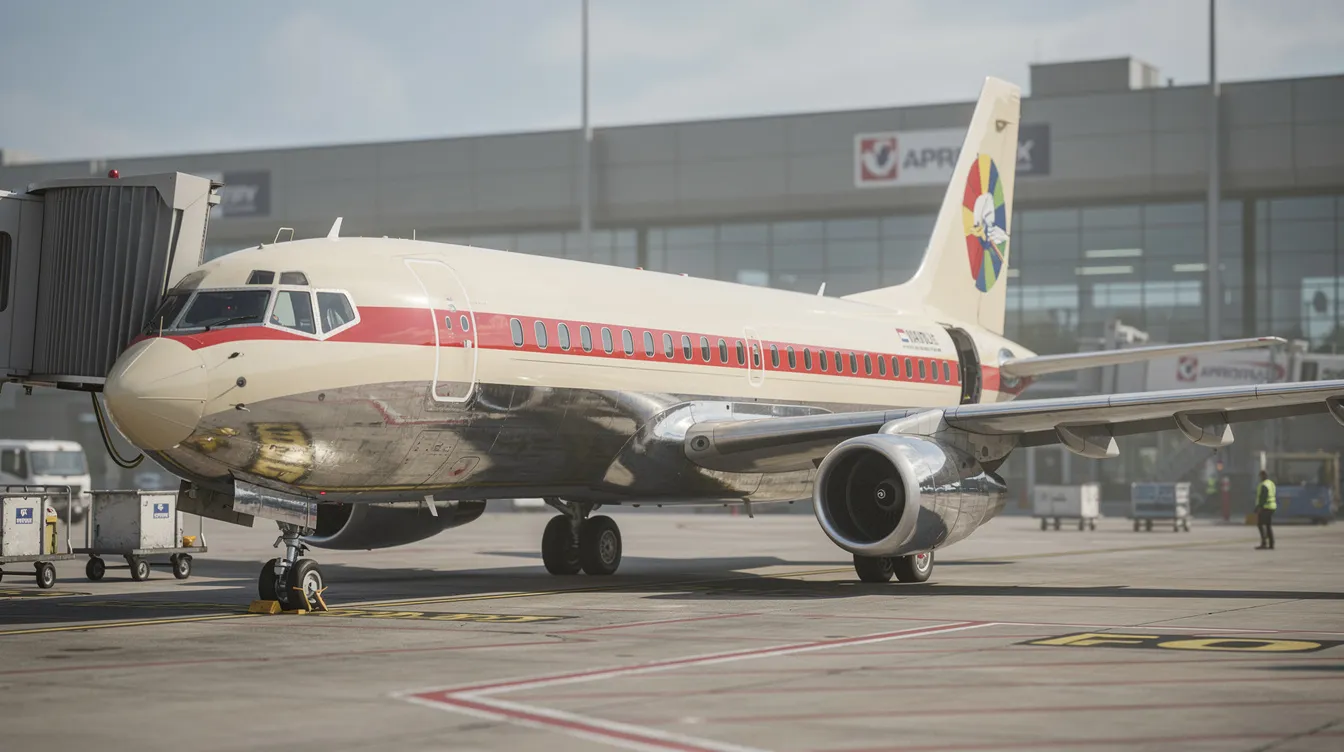 A vintage twin-engine passenger jet, painted in a retro airline livery, is parked at an airport gate, showcasing the classic design reminiscent of the early days of commercial aviation. This aircraft, part of the Delta fleet, evokes nostalgia for travelers as it stands ready to welcome passengers aboard for their flight.