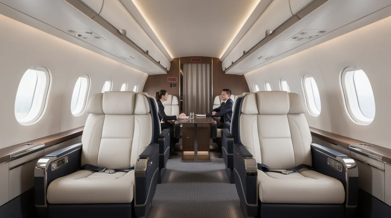 The image depicts the interior of a reconfigured narrow-body aircraft cabin, featuring wide leather seats arranged in small groups facing each other, designed to enhance passenger comfort. This modern layout may be found in aircraft models like the Boeing 737 300, aiming to improve the flying experience for travelers.