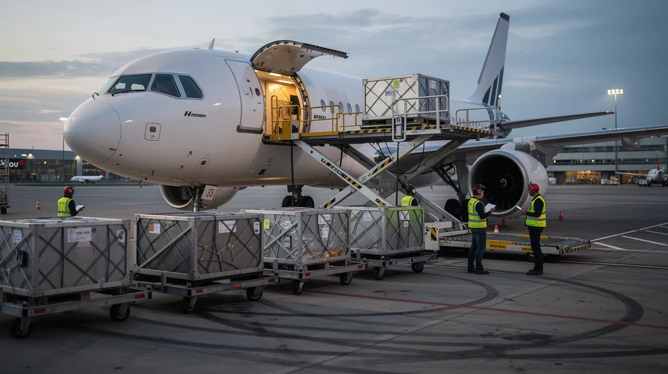 A narrow-body cargo aircraft, specifically a Boeing 737-300, is being loaded with containers through its large side door on a freight ramp, showcasing its capacity for transporting goods efficiently. The scene highlights the aircraft's design and operational capabilities in cargo transport.