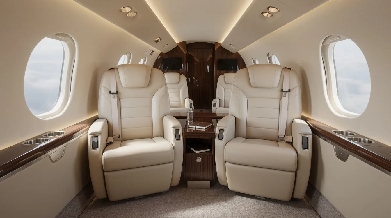 The image depicts the interior of a luxurious private jet cabin featuring wide leather seats and elegant wood trim, complemented by large windows that provide ample natural light. This spacious environment is designed for comfort, showcasing the aircraft's premium features ideal for long-distance flights.