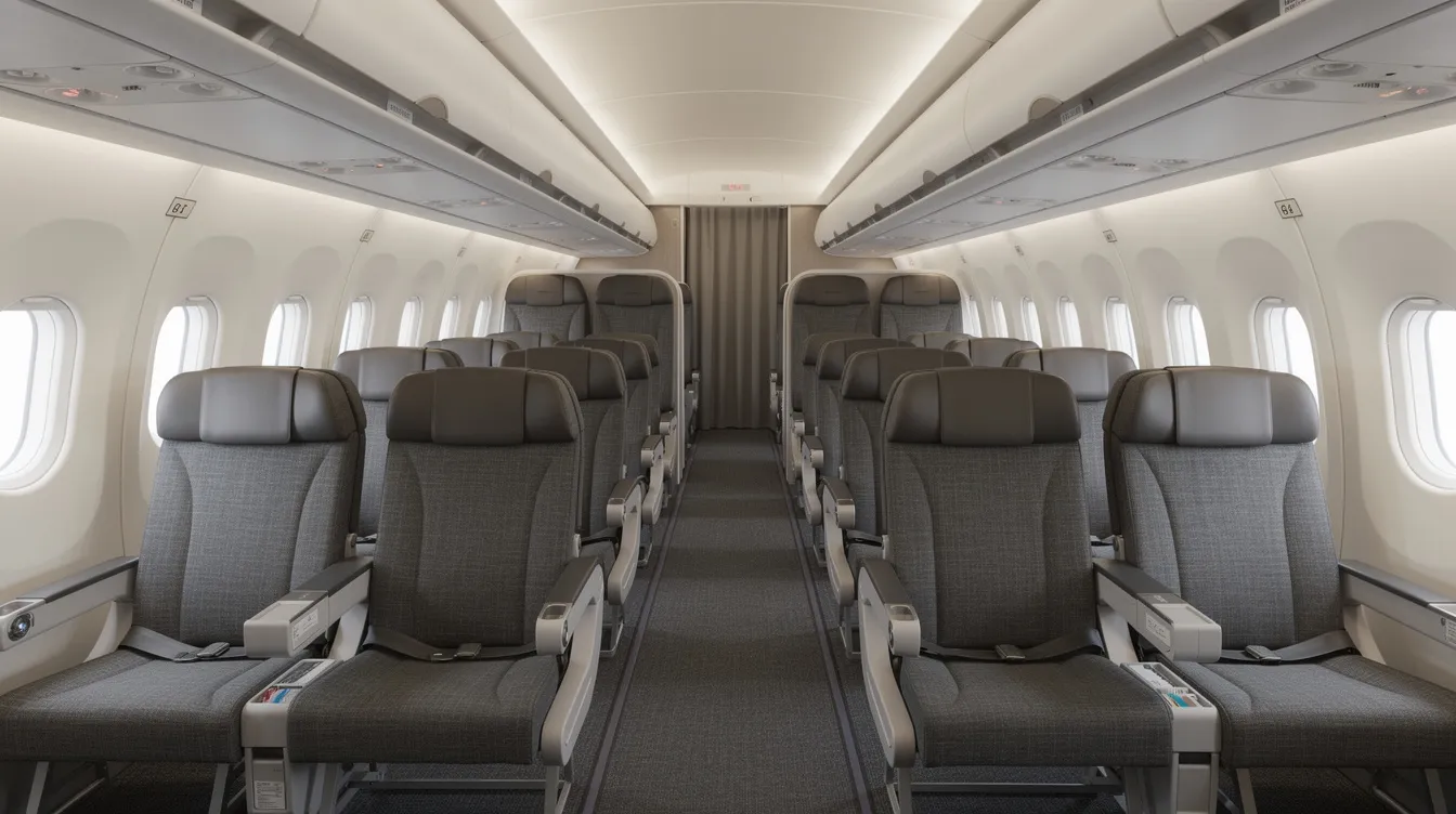 The image depicts the interior of a wide-body commercial aircraft, showcasing rows of economy class seats arranged in a 2-3-2 configuration, complete with overhead bins for storage. The cabin is designed to accommodate a maximum capacity of passengers, featuring movable armrests and power outlets for convenience during long haul routes.