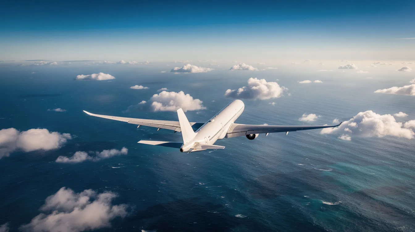 An aerial view captures a commercial aircraft, resembling a Boeing 767-300ER, soaring above a vast ocean with scattered clouds beneath it. This wide-body airliner is designed for long-haul routes, showcasing its sleek fuselage and powerful engines as it flies at cruising speed over the blue expanse.