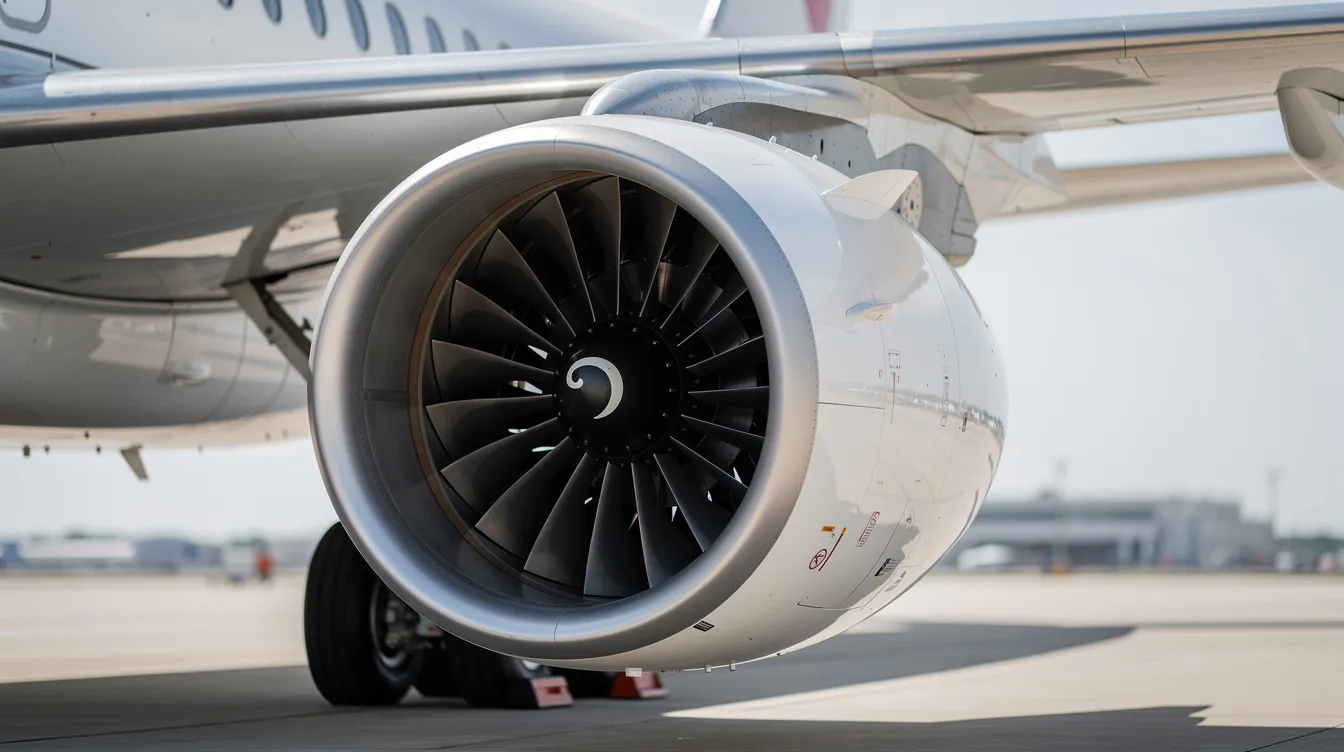 A close-up view of a modern high-bypass turbofan jet engine showcases the intricate fan blades mounted under an aircraft wing, highlighting the engine's aerodynamic improvements and fuel efficiency, essential for commercial aviation and airline fleets worldwide. This advanced engine design, often found on Boeing 737 models, contributes to lower operational costs and improved performance for medium haul routes.