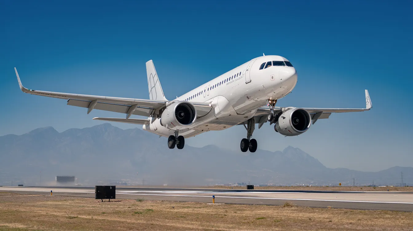 A modern narrow-body jet aircraft, resembling a Boeing 737, is taking off against a clear blue sky, with distant mountains visible in the background. This scene highlights the aircraft's aerodynamic improvements and fuel-efficient engines, showcasing its role in commercial aviation and airline fleets worldwide.