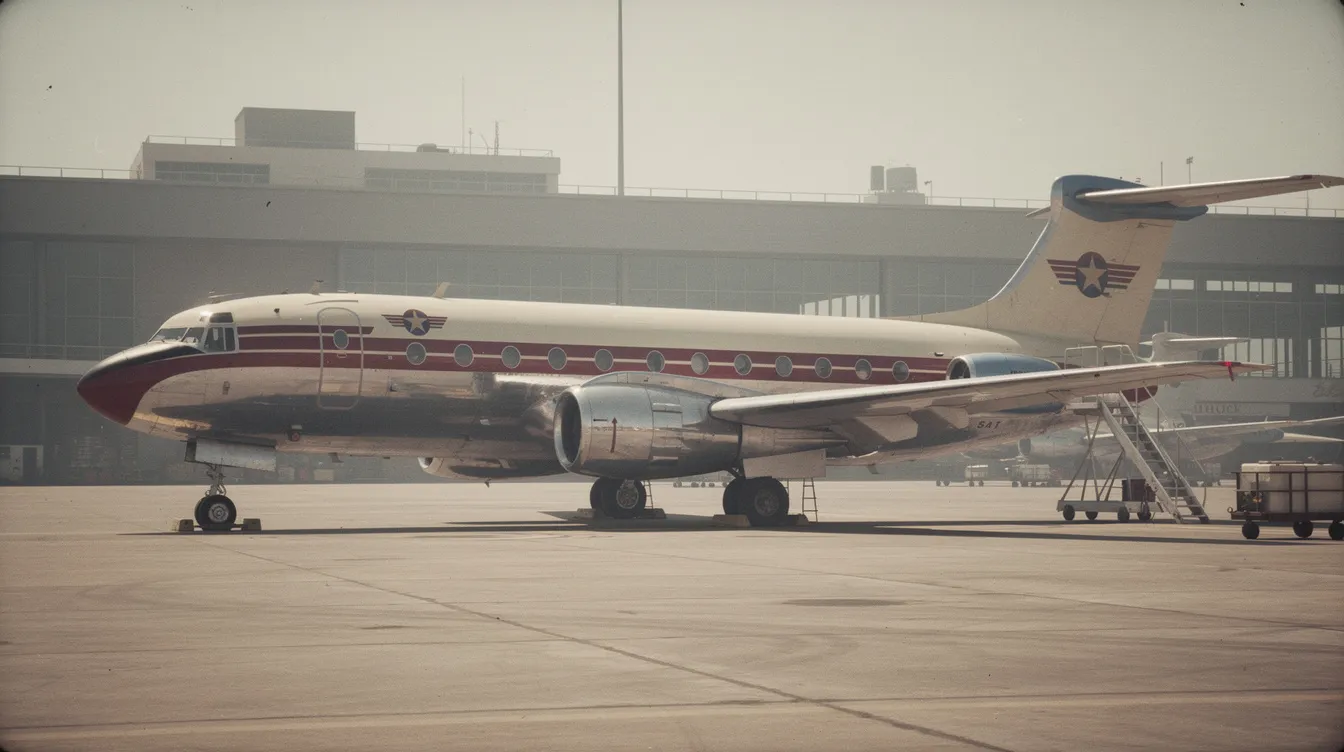 The image features a vintage twin-engine commercial jet aircraft from the 1960s, prominently displayed on an airport tarmac, adorned with retro airline livery that reflects the aviation history of the era. This classic model, reminiscent of the Boeing 737 family, showcases the charm of earlier commercial aviation with its distinctive design and colors.