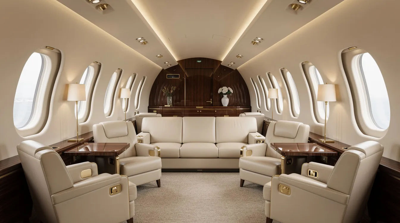 The image depicts a spacious luxury private jet cabin interior featuring cream leather seating, polished wood accents, and soft ambient lighting, creating an atmosphere of elegance and comfort. This design highlights modern aviation trends, reminiscent of the refined interiors found in Boeing business jets.