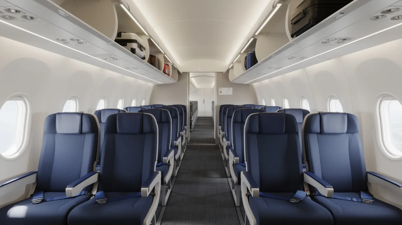 The image depicts the interior of a Boeing 737 800 airplane cabin, featuring rows of economy class seats arranged in a 3-3 configuration, with several overhead bins open. This spacious cabin layout is designed for passenger comfort, showcasing the standard seat extra legroom options available in commercial aviation.