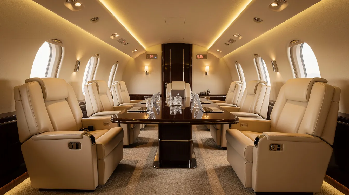 The image depicts a luxurious private jet interior featuring wide leather seats arranged around a conference table, complemented by warm ambient lighting that enhances the spacious cabin atmosphere. This elegant design prioritizes passenger comfort, making it ideal for business travel.