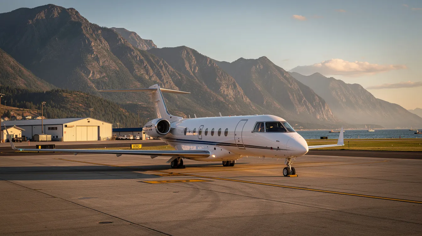 A small private jet is parked at a regional coastal airport, with majestic mountains rising in the background. The scene captures the essence of commercial aviation, contrasting the sleek aircraft against the natural beauty of the landscape.