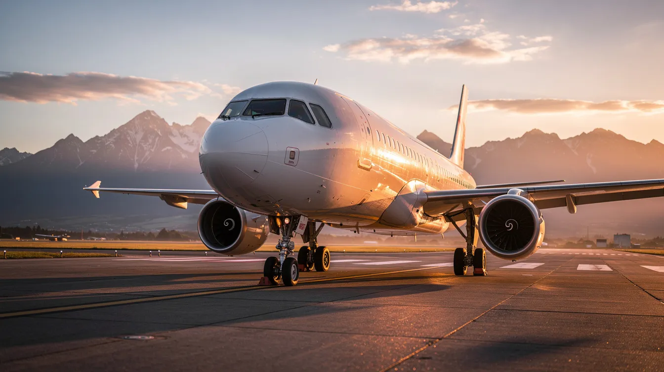 A large twin-engine commercial airplane, resembling a Boeing model, is positioned on a runway during golden hour, with majestic mountains in the background. The scene captures the aircraft's powerful engines and sleek design, highlighting its readiness for flight as it awaits takeoff.