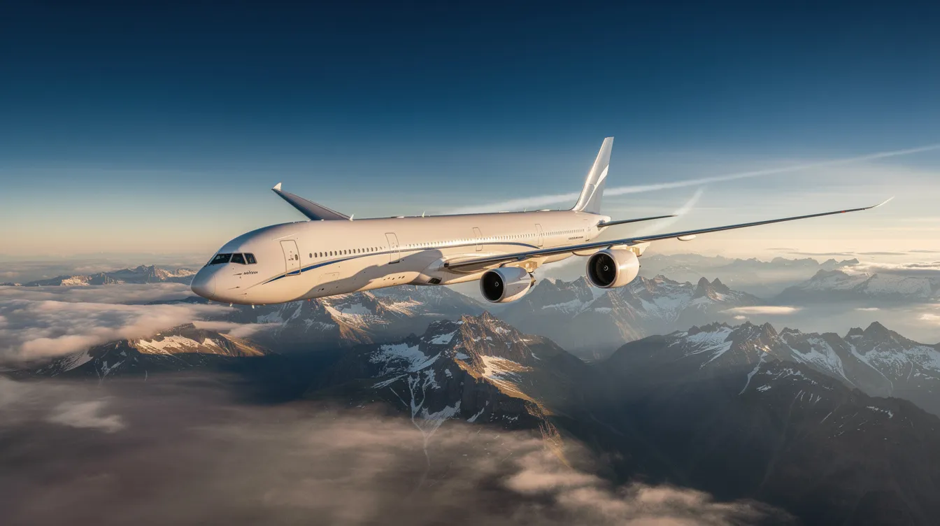 A commercial widebody airplane, such as a Boeing 777, soars over a dramatic mountain range at cruising altitude, showcasing its powerful engines and sleek design against a backdrop of rugged peaks. The aircraft represents the advanced technologies and passenger capacity typical of major international airlines.
