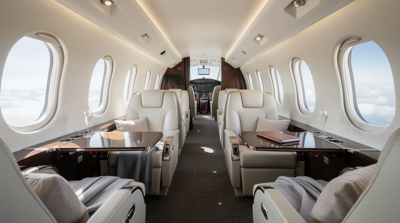 The image depicts the interior of a spacious private jet cabin featuring luxurious leather seats and large windows that reveal a view of fluffy clouds outside, emphasizing the comfort and elegance of air travel. This setting highlights the advanced technologies and cabin space typical of high-end aircraft like the Boeing 777.