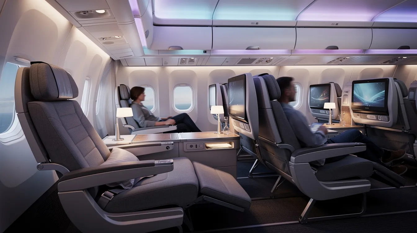 The image depicts the interior of a wide-body commercial aircraft, specifically showcasing the comfortable reclining seats arranged in a spacious cabin with ambient lighting. This setting highlights the premium economy and business class seating options available on modern airplanes like the Boeing 777 300ER, designed for long-haul flights.