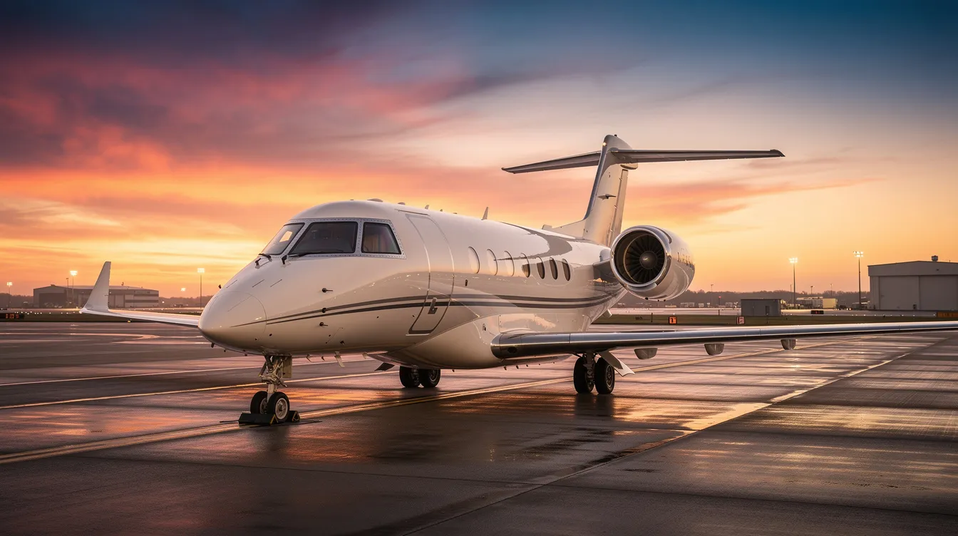 A sleek mid-size private jet is parked on a tarmac, silhouetted against a vibrant sunset sky, showcasing its elegant design and features. The aircraft, with its streamlined shape and spacious cabin, offers a luxurious travel experience for passengers.