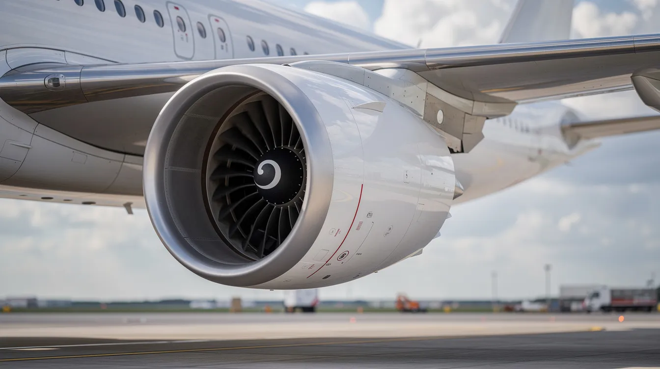 A close-up view of a large turbofan jet engine, specifically designed for long-haul flights, is mounted under the wing of a Boeing 777-300ER. The image highlights the engine's intricate details, showcasing its capabilities for maximum thrust and fuel efficiency, essential features for commercial aircraft.
