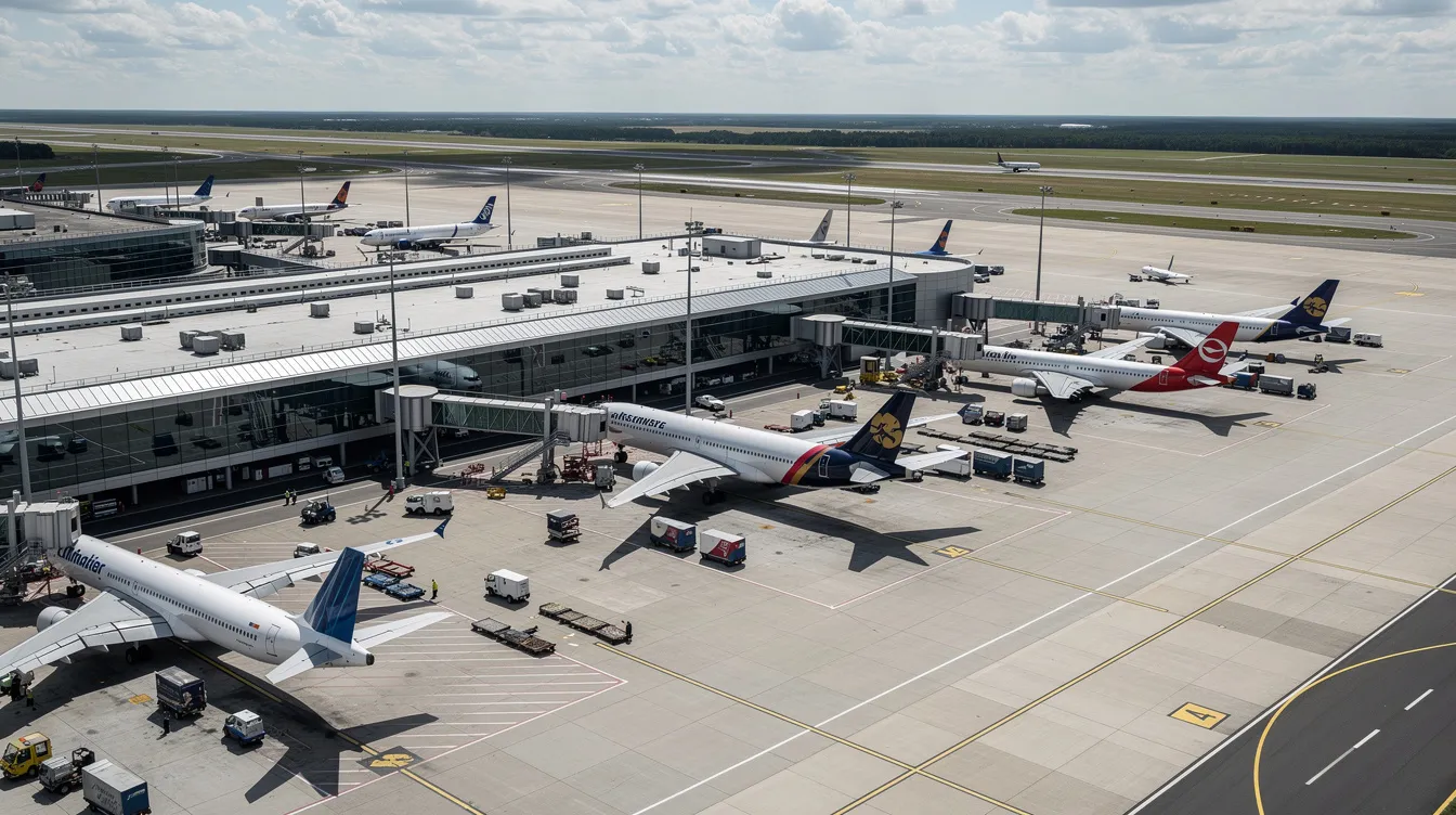 The image shows an aerial view of a busy airport terminal, with various aircraft, including Boeing 737s, parked at the gates, while a runway stretches into the background. The scene captures the hustle of commercial aviation, highlighting the operational flexibility of airlines like United Airlines and Alaska Airlines.