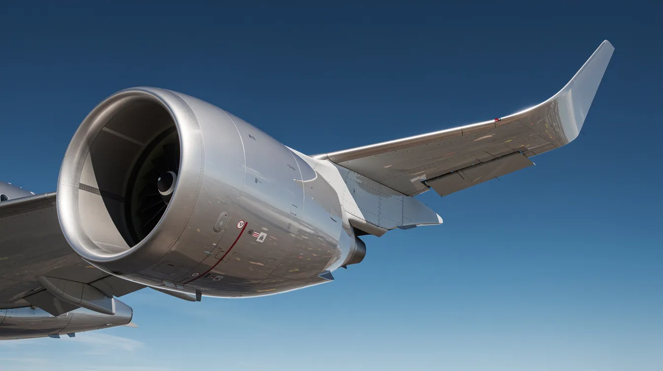 The image features a close-up view of a Boeing 737-800's engine nacelle and wing, showcasing the aerodynamic improvements of its blended winglet against a clear blue sky. The design highlights the aircraft's fuel efficiency and advanced technology, emphasizing its role in commercial aviation.