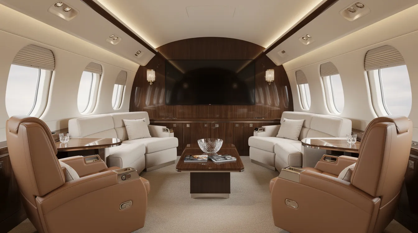 The image depicts the interior of a VIP-configured Boeing 737 800 aircraft cabin, featuring luxurious leather seats arranged in a lounge style that enhances passenger comfort. The spacious cabin space is designed for a two-class layout, providing an elegant atmosphere for travelers.