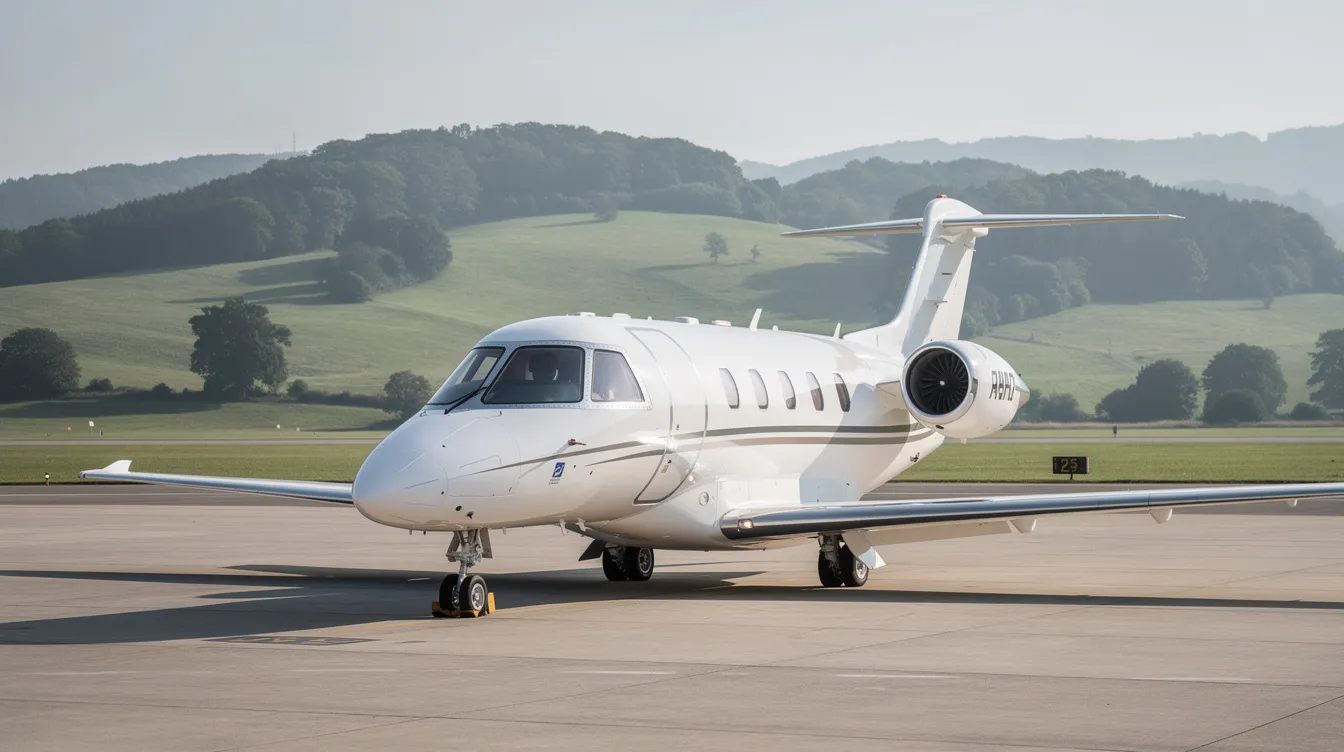 A small private jet is parked on the tarmac of a quiet regional airport, with lush green hills in the background, showcasing its sleek fuselage and spacious interior designed for passenger comfort. This aircraft, known for its fuel efficiency and modern systems, highlights the appeal of direct flights from smaller airports.